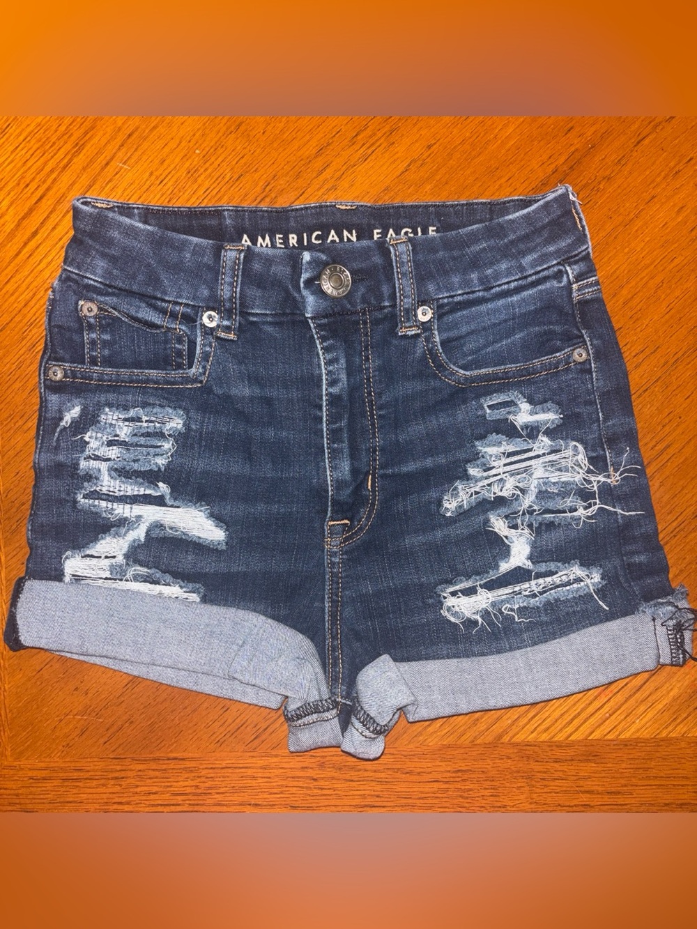 American Eagle Outfitters curvy Dark Indigo Distressed Rolled-Hem Jean Shorts